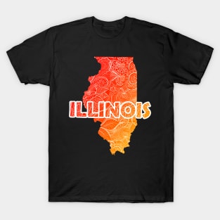 Colorful mandala art map of Illinois with text in red and orange T-Shirt